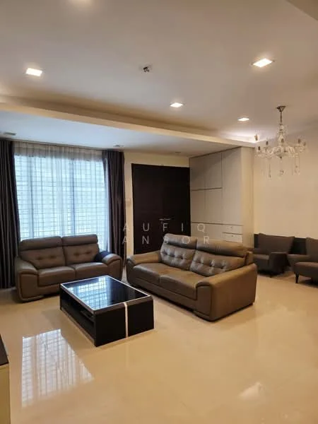 Living features: 2-seater leather sofa in beige, 3-seater leather sofa in beige, glass coffee table, chandelier, floor-to-ceiling windows with sheer curtains, cream painted walls, polished marble flooring, built-in cabinetry, accent wall with dark finish, recessed downlights; style: modern.