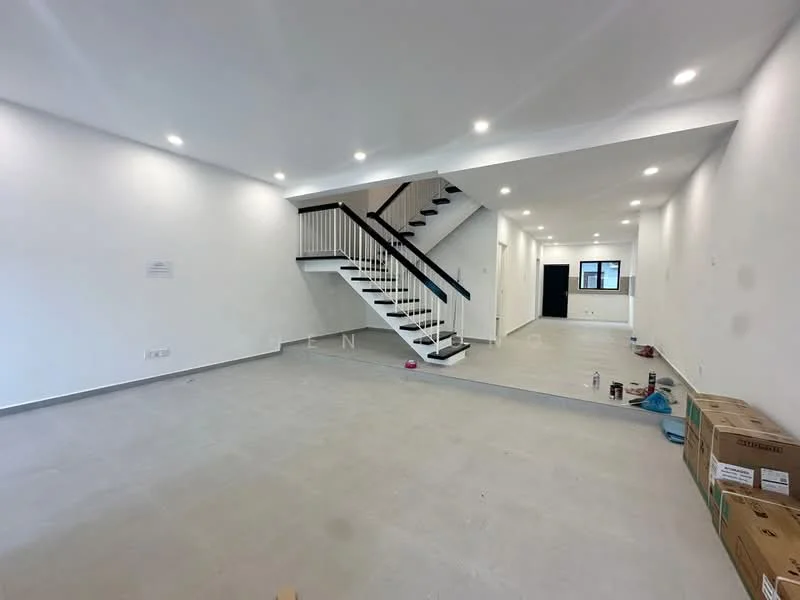 Living features: white painted walls, grey tiled flooring, recessed downlights, staircase with wooden handrail, open layout, large windows, unfinished space, minimalist design; style: modern.