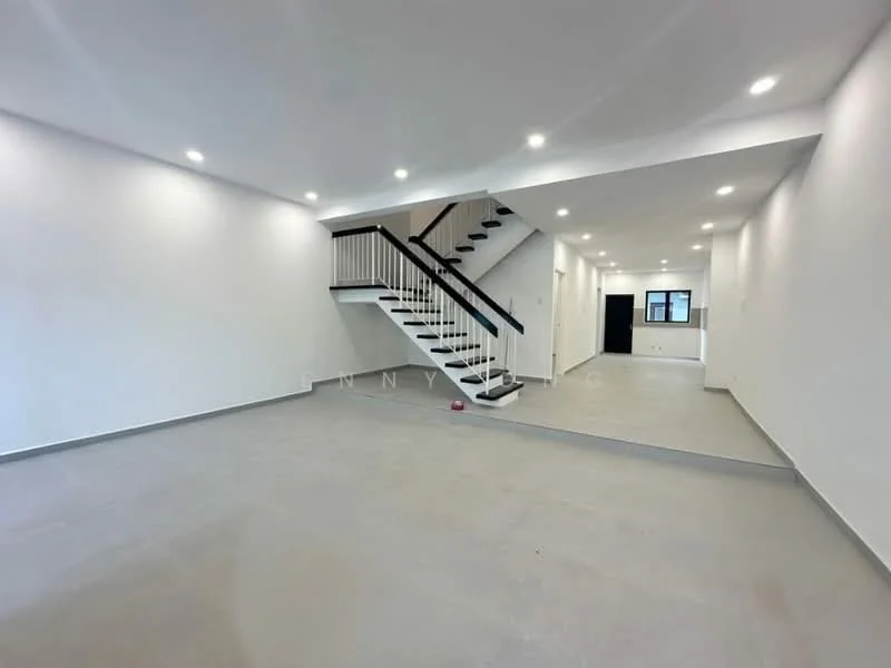 Room features: white painted walls, concrete flooring, staircase with wooden steps and white railing, recessed downlights, large windows, open layout, no visible furniture, neutral color scheme; style: modern.