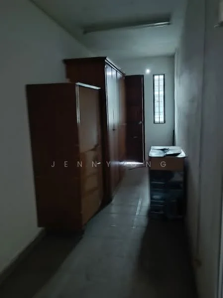 Room features: wooden cabinets, wooden wardrobe, table, tile flooring, narrow hallway, window, grey painted walls, ceiling light.