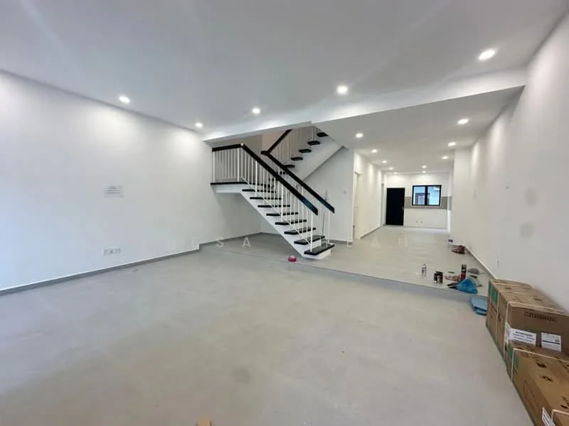 Living features: white painted walls, concrete flooring, recessed LED downlights, staircase with wooden handrail, large windows for natural light, open layout, unfinished space, neutral color palette; style: modern.