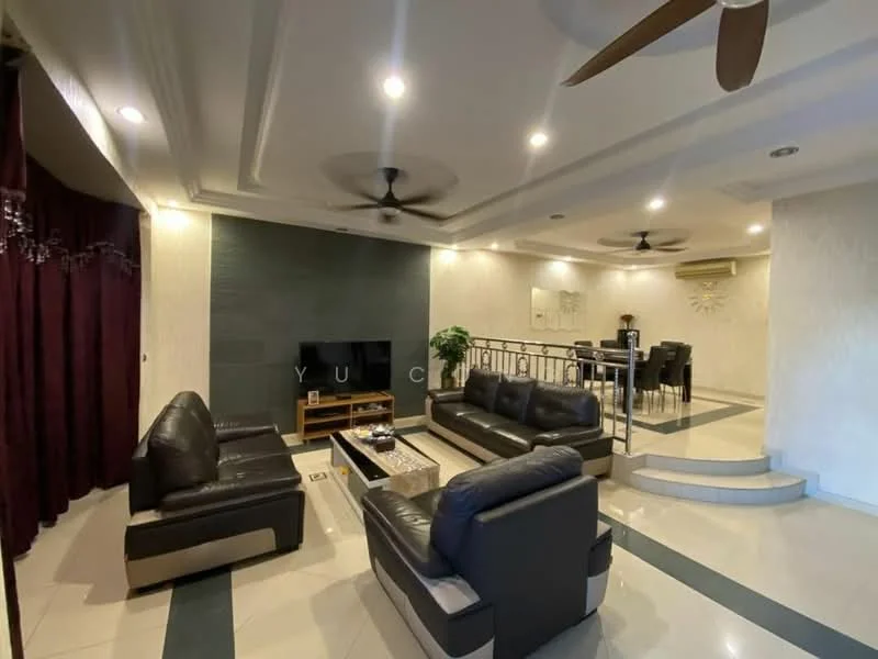 Living features: 2 black leather sofas, coffee table, wall-mounted TV, ceiling fan with light, recessed downlights, decorative wall paneling, cream painted walls, marble flooring, open layout to dining area, plant in pot, curtains in dark red, glass railing, air conditioning unit; style: modern.