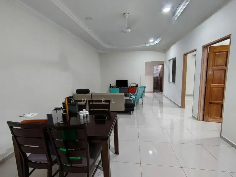 Living features: white painted walls, glossy tile flooring, tray ceiling, ceiling fan, 3-seater fabric sofa in black, 2-seater fabric sofa in teal, wooden dining table with 4 chairs, TV console, wall-mounted TV, decorative items on table; style: modern.
