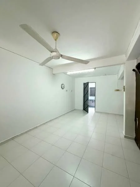 Room features: white painted walls, white tiled flooring, 5-blade ceiling fan, wall clock, sliding glass door, door leading to outdoor area, window with grid, light fixture; style: minimalist.