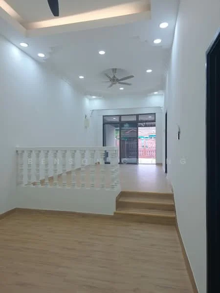 Room features: white painted walls, wooden flooring, 5-blade ceiling fan with light, recessed LED downlights, staircase leading to another level, balustrade railing, large sliding glass door, natural light from windows; style: modern; view: garden.