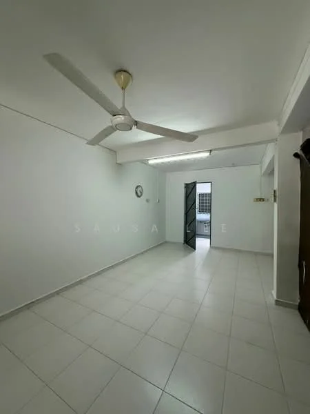 Room features: white painted walls, tile flooring, 5-blade ceiling fan, wall clock, door leading outside, window with grille, light fixture, neutral color scheme; style: modern.