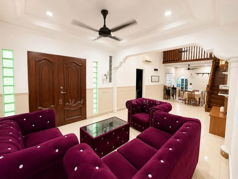 Living features: purple velvet 3-seater sofas, glass coffee table, ceiling fan, white painted walls, crown moulding, tile flooring, green glass block windows, arched doorway, wall-mounted air conditioning unit, decorative wall paneling, recessed lighting; style: modern.