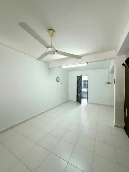 Living features: white painted walls, white ceiling, 5-blade ceiling fan with light, tiled flooring, wall clock, door leading to outdoor area, window with grille, open layout; style: minimalist.