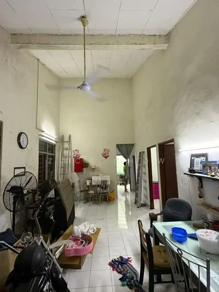 Living features: white painted walls, glossy tile flooring, exposed beams on ceiling, 5-blade ceiling fan, dining table with chairs, wall-mounted clock, open shelving, ladder against the wall, motorbike parked, decorative wall art, curtains, doorway leading to another room; style: minimalist.