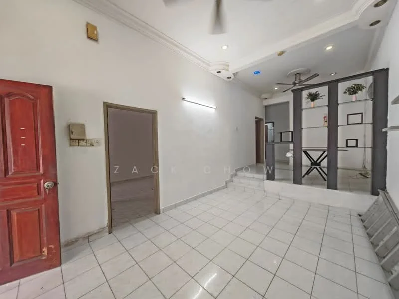 Living features: white painted walls, white tiled flooring, ceiling with recessed downlights, 5-blade ceiling fan, wooden front door with red finish, open layout, decorative wall shelves, wall-mounted lighting, step-up area, neutral decor; style: modern. Room features: white painted walls, white tiled flooring, doorway leading to another room.