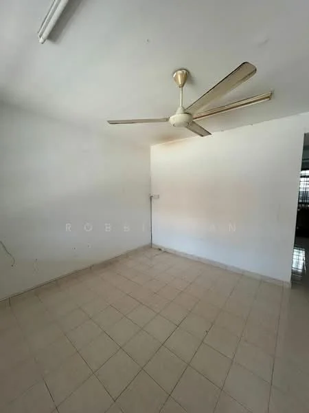 Room features: white painted walls, tile flooring, ceiling fan, natural light from window, no visible furniture, plain ceiling, electrical outlet on wall; style: minimalist.