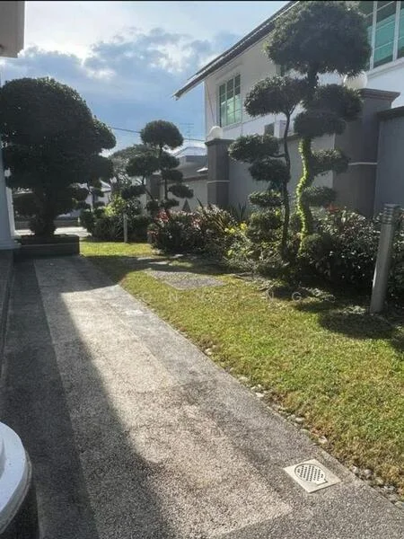 Exterior type: detached bungalow; features: manicured lawn, topiary trees, landscaped garden, stone-paved walkway, grey painted facade, decorative shrubs, driveway, outdoor lighting; style: modern.