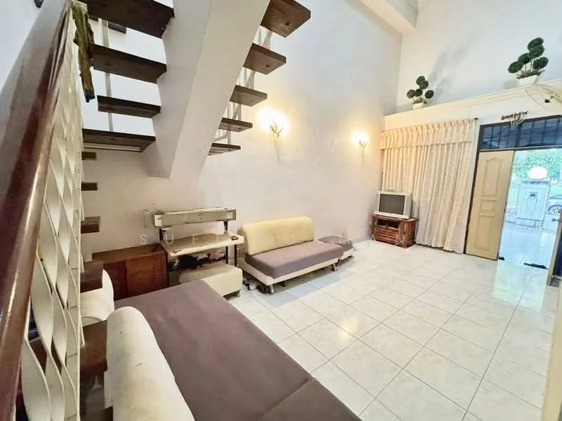 Living features: white painted walls, tile flooring, sofa in beige, 2-seater sofa, wooden coffee table, TV console, wall-mounted TV, curtains, staircase with wooden steps, 2 wall sconces, decorative plants on wall; style: minimalist.
