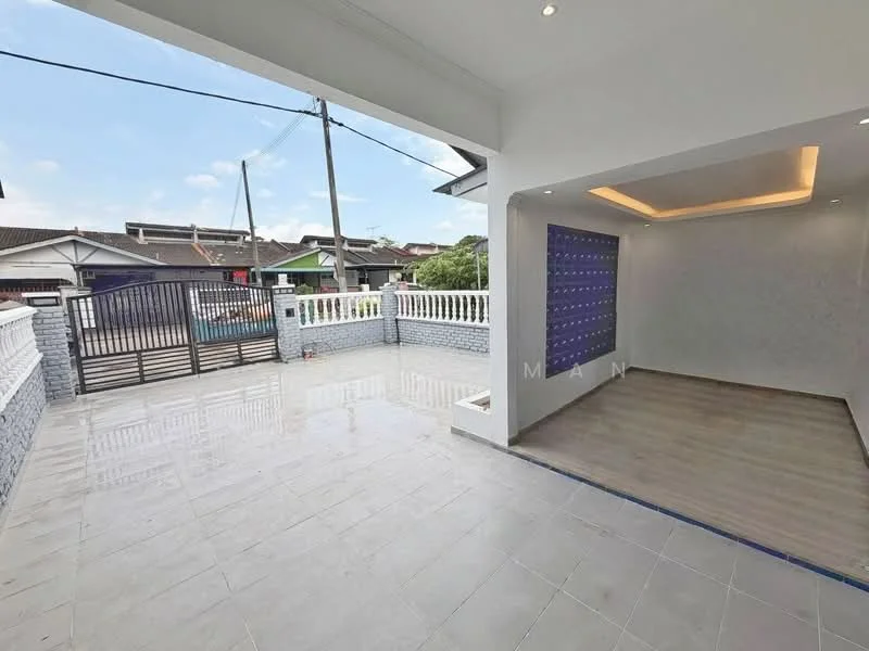 Room features: grey tiled flooring, white painted walls, recessed ceiling lights, large windows, open layout, sliding glass door, decorative wall with blue accents, outdoor view, covered porch area; style: modern; view: garden.