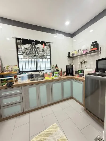 Kitchen features: single-bowl stainless-steel sink, chrome pull-down faucet, laminate countertop, grey cabinetry with glass panels, built-in microwave, stainless-steel fridge, ceramic tile flooring, white tiled walls, recessed downlights, window with grid pattern, kitchen utensils and containers on countertop, open shelving, decorative artwork on wall; style: modern.