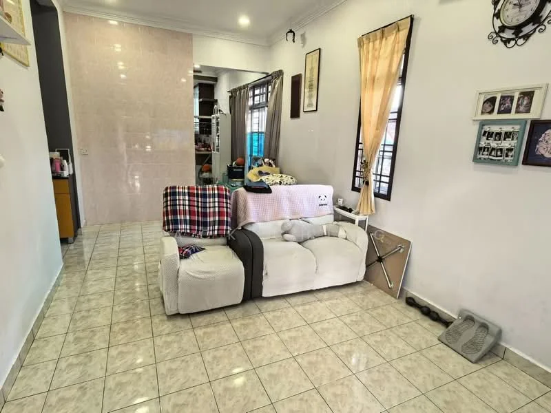 Living features: 3-seater fabric sofa in white, plaid throw blanket on sofa, ceramic tile flooring, white painted walls, large window with sheer curtains, wall-mounted photo frames, decorative wall art, open layout to adjacent room; style: modern.
