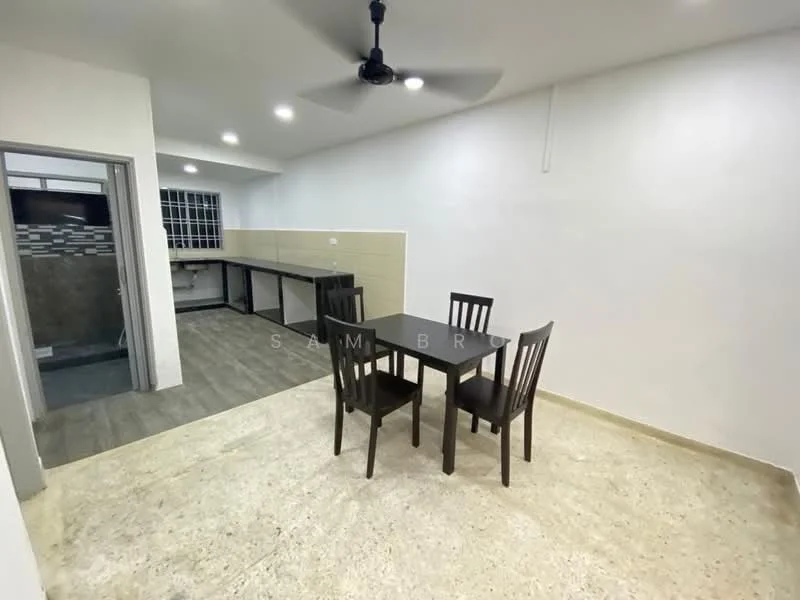 Dining features: 4-seater dining table, black wooden dining chairs, cream painted walls, ceiling fan, tile flooring, window with grid pattern, open layout to kitchen, light-colored cabinetry; style: modern. Kitchen features: kitchen cabinetry, grey tile backsplash, countertop, sink, stainless-steel appliances; style: modern.