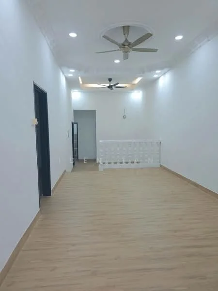 Room features: white painted walls, laminate flooring, 5-blade ceiling fan, recessed downlights, tray ceiling, open space layout, doorway leading to another room, staircase railing; style: modern.