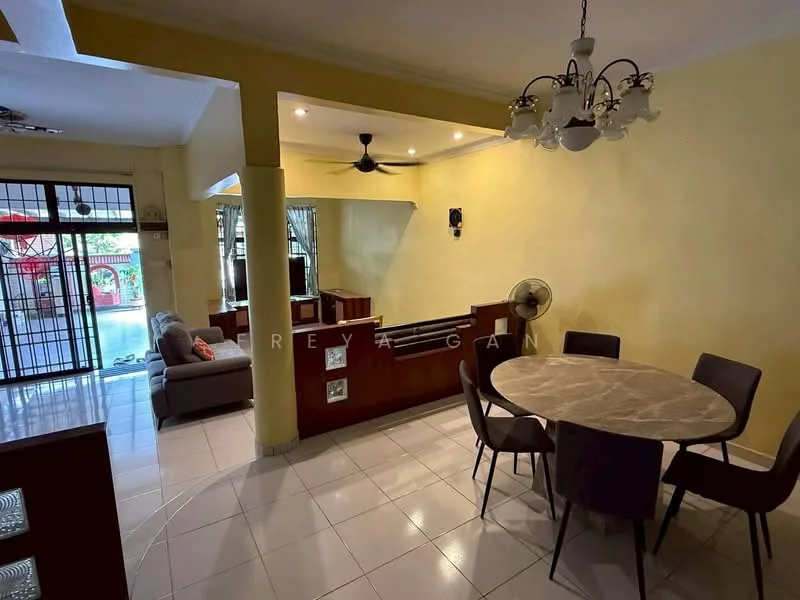 Dining features: round dining table with marble top, upholstered dining chairs, ceiling fan, wall-mounted TV, sofa in grey fabric, tile flooring, yellow painted walls, large sliding glass door, decorative wall panel, light fixture with multiple bulbs; style: modern; view: garden.