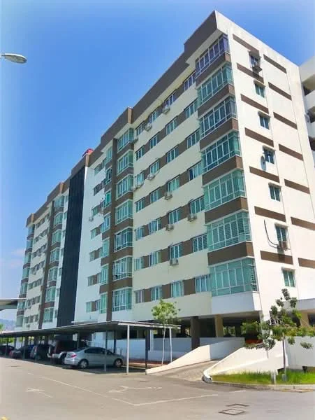 Exterior type: mid-rise condominium; features: cream painted facade, dark brown accent panels, balconies with glass railings, multiple windows on each floor, air conditioning units visible, covered parking area, landscaped garden at base, street lighting, manicured lawn, driveway with interlocking pavers; style: modern.