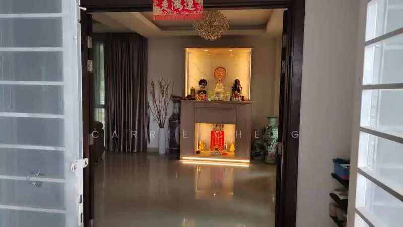 Room features: glossy tile flooring, neutral wall colour, decorative altar with statues, recessed lighting, curtains in grey, wooden door frame, open doorway, decorative ceiling light, wall-mounted decor, plants in pots; style: modern.