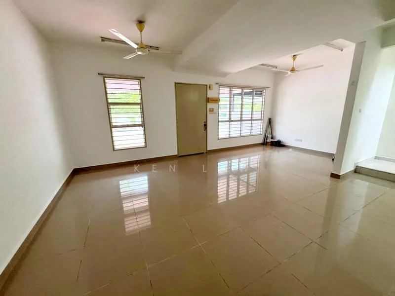 Living features: white painted walls, polished ceramic tile flooring, 2 ceiling fans, large windows with horizontal slats, main entrance door, natural light from windows, neutral color scheme, open layout; style: modern.