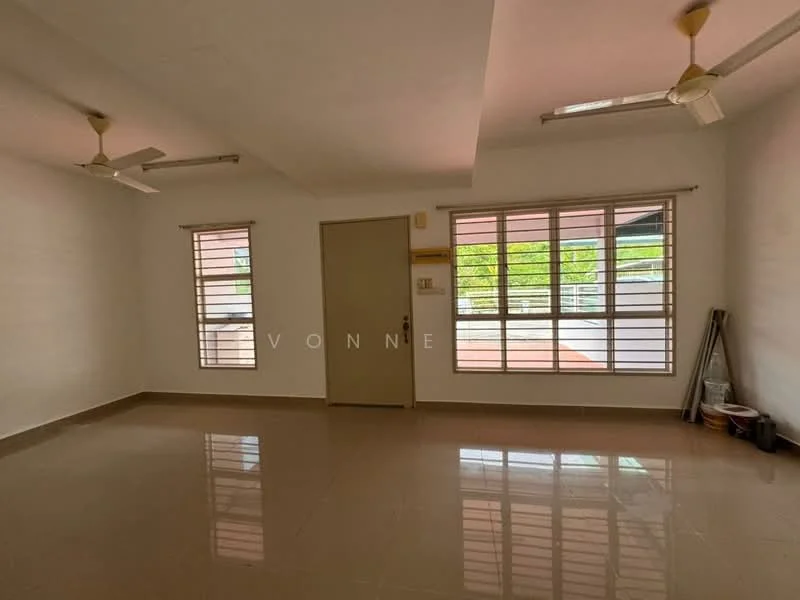 Room features: white painted walls, glossy tile flooring, 2 ceiling fans, sliding windows with horizontal bars, natural light from windows, neutral color scheme, corner with storage items; style: modern; view: garden.