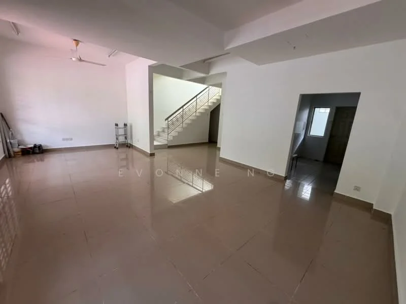 Living features: white painted walls, glossy beige tile flooring, ceiling fan, staircase leading to upper floor, large windows for natural light, open layout, no visible furniture, neutral color palette; style: modern. Room features: white painted walls, glossy beige tile flooring, doorway leading to another room, natural light from window.