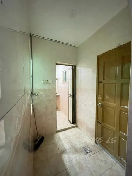Room features: cream tiled walls, light beige floor tiles, door with wooden paneling, door frame with black trim, window with metal grille, light fixture on ceiling, clean and minimalistic layout; style: modern.