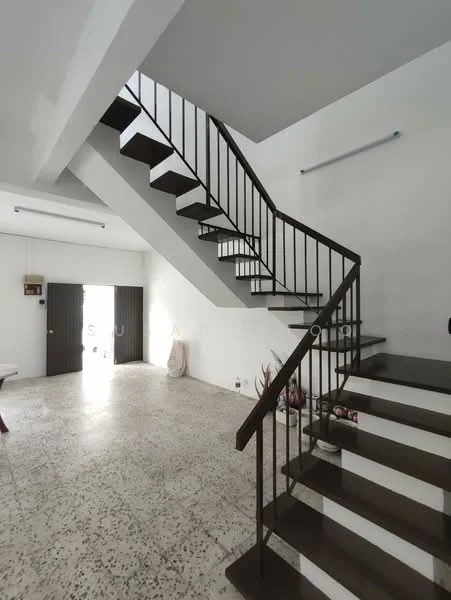 Room features: spiral staircase with metal railing, polished concrete flooring, white painted walls, ceiling lights, open space layout, large windows, door leading outside, decorative plants; style: modern.