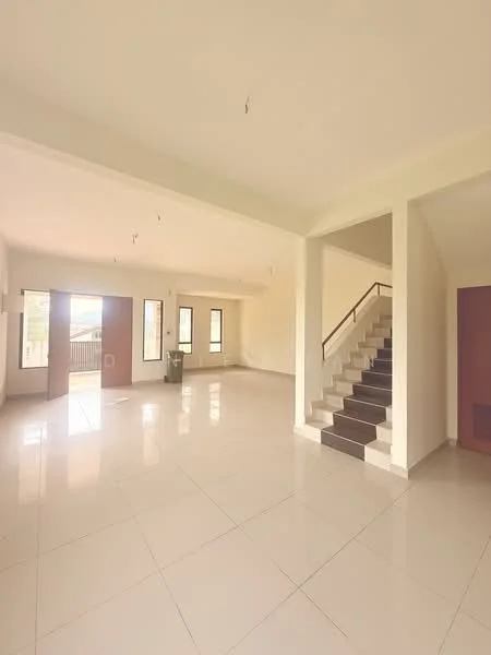 Room features: white painted walls, glossy ceramic tile flooring, staircase with wooden steps, large windows, double doors, high ceiling, recessed lighting, open layout; style: modern.