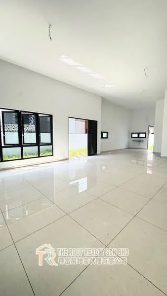 Room features: white painted walls, high ceiling, large floor-to-ceiling windows, sliding glass door, glossy ceramic tile flooring, natural light from windows, open layout, minimalist design; style: modern; view: garden.