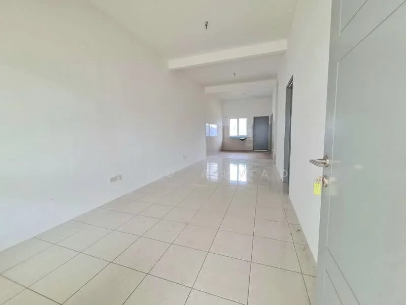 Room features: white painted walls, tile flooring, large windows, door leading to another room, ceiling with recessed lighting, neutral color scheme, open layout, no visible furniture; style: modern.