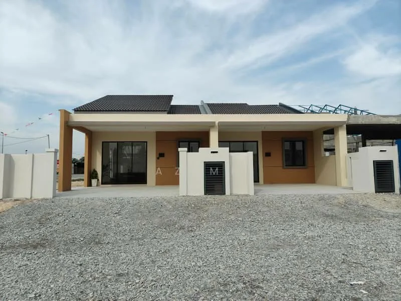 Exterior type: detached bungalow; features: cream painted facade, flat roof, single-storey, two visible wall-mounted split AC units, manicured gravel driveway, front porch area, large glass windows, modern architectural design; style: modern.