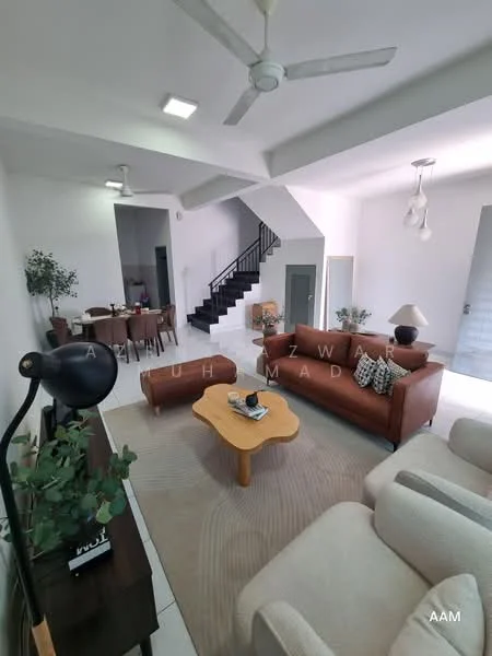 Living features: 3-seater leather sofa in brown, 2-seater fabric sofa in cream, wooden coffee table, area rug with geometric pattern, floor lamp, ceiling fan with light, wall-mounted TV, decorative plants in ceramic pots, white painted walls, tile flooring, recessed downlights, open layout to dining area; style: modern. Dining features: 4-seater dining table, wooden dining chairs, white painted walls, tile flooring, open layout to living area; style: modern.
