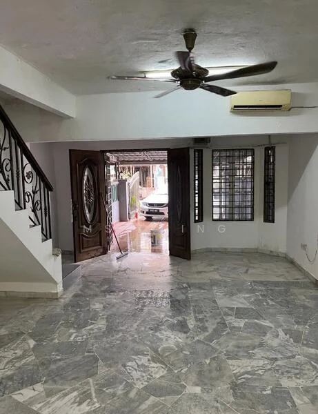 Room features: marble flooring, white painted walls, ceiling fan, wall-mounted split AC, staircase with decorative railing, floor-to-ceiling windows, double wooden doors, open layout; style: modern.