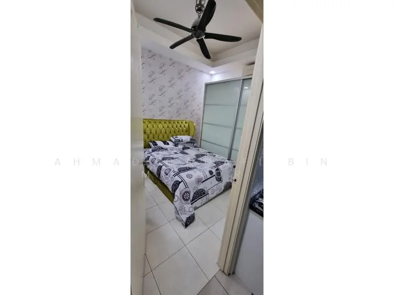 Bedroom features: queen-size bed with upholstered headboard in green, black and white patterned bedding, white walls with decorative wallpaper, ceiling fan with 5 blades, sliding glass wardrobe, tile flooring, wall-mounted light fixture, window with sheer curtains; style: modern.
