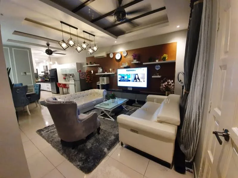 Living features: 3-seater white leather sofa, 2-seater grey fabric sofa, coffee table with glass top, area rug with geometric pattern, wall-mounted TV, decorative wall with wooden panels, shelves with decorative items, recessed ceiling lights, 5-blade ceiling fan with light, wall clock, framed artwork, sliding glass door, tile flooring; style: modern. Kitchen features: kitchen island, stainless-steel appliances, white cabinetry, open shelving, refrigerator, built-in oven, microwave, ceramic tile backsplash; style: modern.