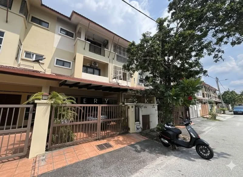 Exterior type: linked terrace house; features: two-storey building, cream painted facade, terracotta roof tiles, covered car porch, manicured front garden, paved walkway, metal gate, balconies on upper floor, street view, surrounded by greenery; style: modern.