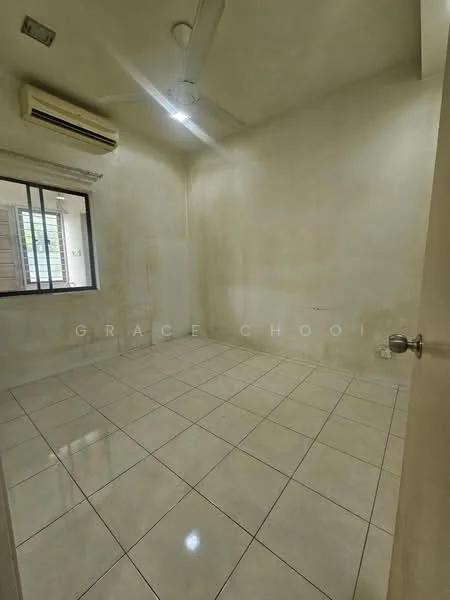 Room features: white painted walls, ceiling fan, 1 wall-mounted split AC, tile flooring, square layout, window with security bars, neutral color scheme, no visible furniture.
