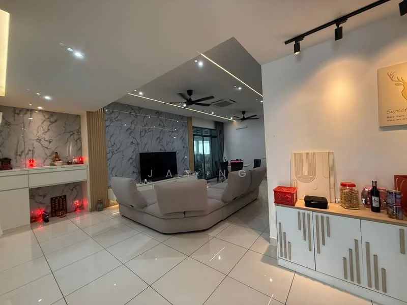 Living features: marble accent wall, white painted walls, recessed downlights, 5-blade ceiling fan, large sliding glass door, floor-to-ceiling windows, white glossy tile flooring, L-shape sectional sofa in light beige, TV console, decorative wall art, built-in cabinetry, decorative bottles and snacks on shelves; style: modern.
