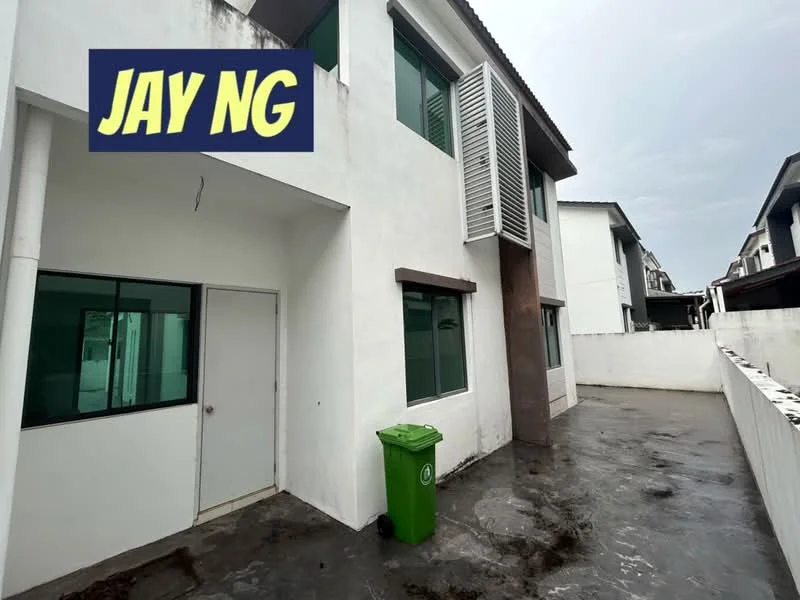 Exterior features: white painted facade, flat roof, concrete flooring, green waste bin, large windows, side ventilation louver, enclosed outdoor space, surrounding walls; style: modern.