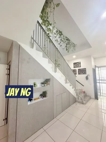 Room features: staircase with metal railing, grey stone wall, white painted walls, white tiled flooring, decorative wall shelves, indoor plants, large windows for natural light, wall-mounted decor, open space layout; style: modern.
