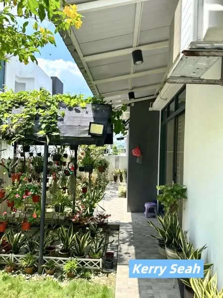 Exterior type: detached bungalow; features: paved walkway, overhanging roof, hanging plants, garden area with ornamental plants, greenery along the pathway, outdoor seating area, air conditioning unit on wall, decorative pots, sunny weather, clear blue sky; style: modern.