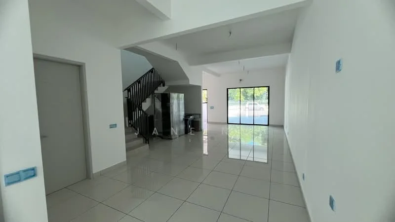 Room features: white painted walls, glossy ceramic tile flooring, large glass sliding door, staircase with black railing, recessed ceiling lights, multiple electrical outlets, windows with natural light, open layout; style: modern; view: garden.