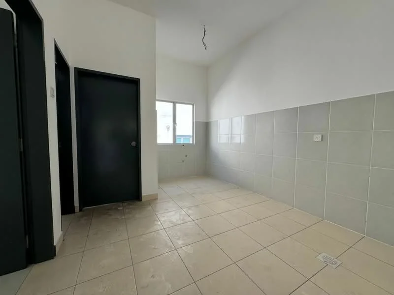 Room features: white painted walls, grey tiled walls, cream floor tiles, single window, no visible fixtures, unpainted ceiling, two doors, floor drain.