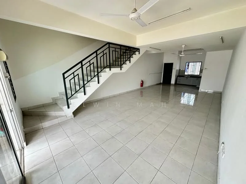 Living features: white painted walls, tile flooring, ceiling fan, 5-blade ceiling fan, staircase with black railing, large windows, open layout, fire extinguisher, recessed lighting; style: modern.