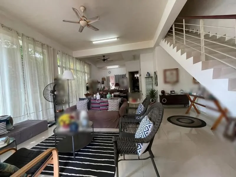 Living features: 3-seater fabric sofa in brown, 2 armchairs with patterned upholstery, round coffee table, area rug with striped pattern, floor lamp, ceiling fan with light, wall-mounted TV, decorative wall clock, side table, open shelving unit, large windows with sheer curtains, white painted walls, tile flooring; style: contemporary; view: garden. Room features: staircase with white railing, wooden console table, decorative items on console table.