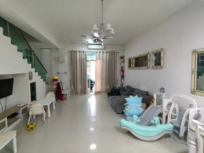 Living features: white painted walls, polished tile flooring, 5-blade ceiling fan with light, sofa in grey fabric, coffee table, TV console, wall-mounted TV, decorative wall frames, curtains, children's play area with toys, open layout with staircase, natural light from windows; style: modern.