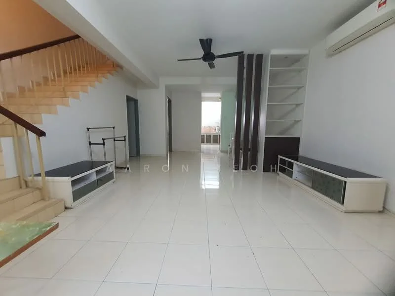 Living features: white painted walls, glossy tile flooring, 5-blade ceiling fan, large windows providing natural light, built-in shelving unit, two TV consoles, staircase with wooden railing, open layout, neutral color scheme; style: modern.
